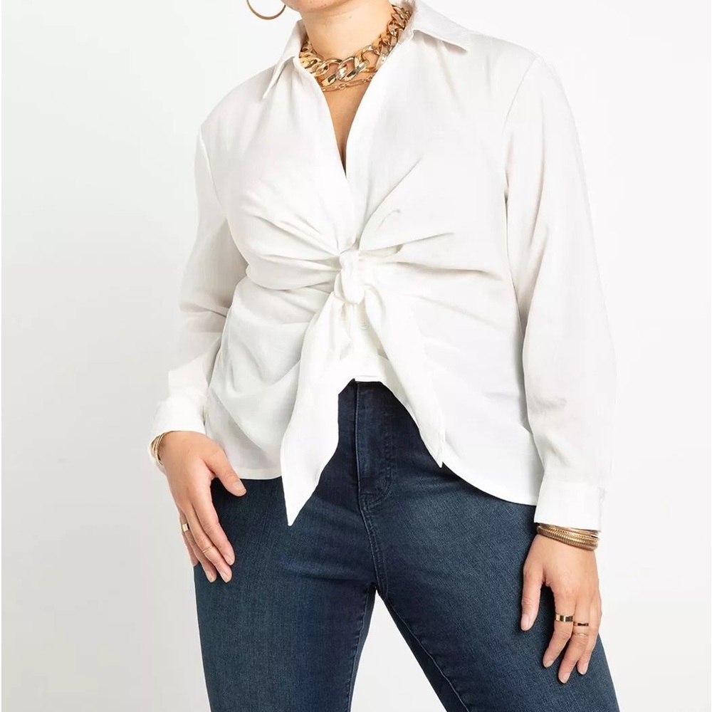 ELOQUII White Button Down Blouse with Knotted Front Tie